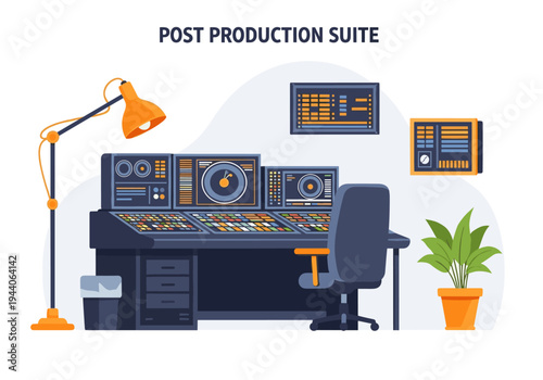 Modern post production suite with multiple screens and control desk for editing