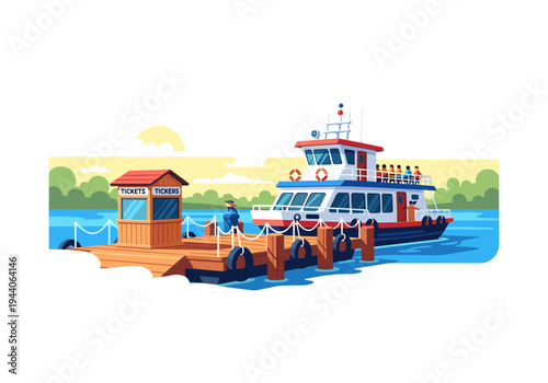 Ferry boat docked at a pier with a ticket booth and passengers waiting to board