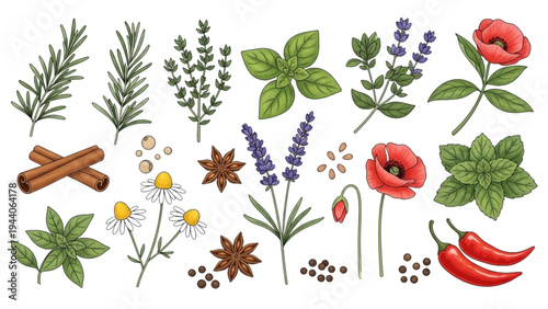 Various herbs and spices arranged on a surface for cooking or display purposes indoors