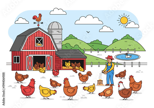 Charming cartoon farm scene with a farmer feeding chickens and a duck in a pond