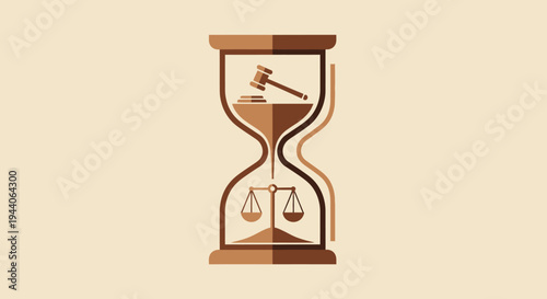 Hourglass with Gavel and Scales of Justice Symbolizing Legal Time.