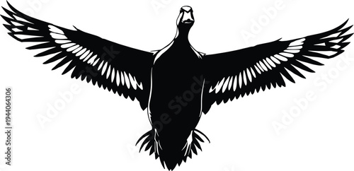 Flying duck silhouette vector illustration isolated on white background, wild mallard wings spread out, waterfowl bird icon for nature conservation and hunting.