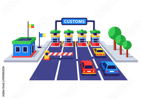 Cartoon illustration of a customs checkpoint with cars waiting to pass through the barrier