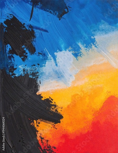 A vivid painting of an orange and blue sky at dusk, with soft clouds blending warm and cool tones across the horizon