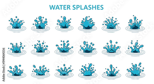 Collection of stylized water splashes in various dynamic forms and sizes Vector