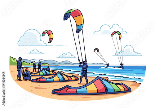 Kiteboarding lesson on a sunny beach with colorful kites and instructors preparing students