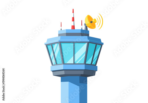 Modern air traffic control tower with radar dish and communication antenna