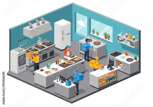 Isometric kitchen scene with chefs preparing food and delivery drivers collecting orders for dispatch