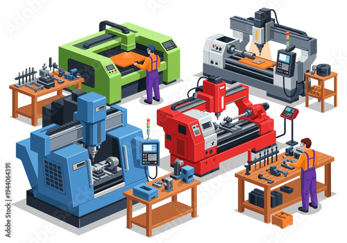 Modern manufacturing facility with advanced CNC machines and workers operating equipment
