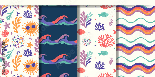 Summertime backgrounds with ocean waves, suns, corals, shells. Tropical seamless patterns in groovy style with texture