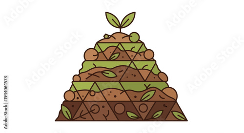 Illustration of a compost pile with layers and a sprouting plant.