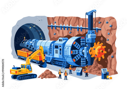 Tunnel boring machine and construction crew working on underground excavation project