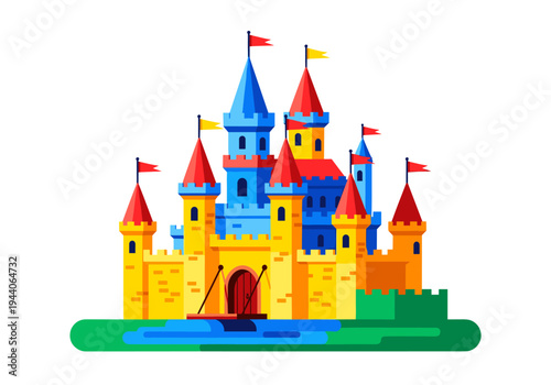 Colorful cartoon castle with flags and a moat, perfect for fantasy and children's themes