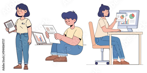 Business professionals working on laptops and charts, showcasing teamwork and productivity