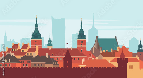 Historic European Cityscape with Red Roofs and Spires.