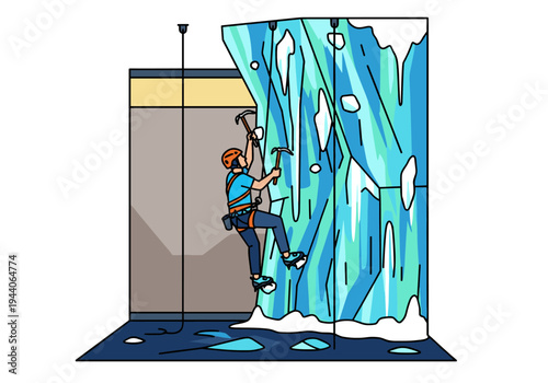 Person ice climbing on an artificial wall with ice formations and safety rope