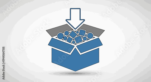 Illustration of an open box filled with various objects and an arrow pointing down.