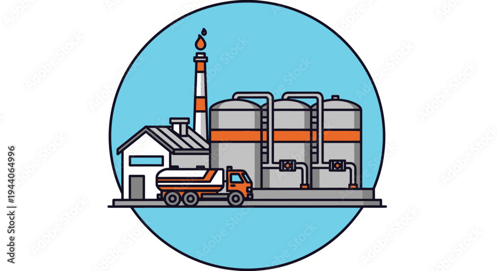 Naklejka premium Industrial Factory with Storage Tanks and Truck Illustration.