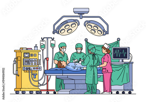 Surgical team performs operation in modern operating room with advanced medical equipment