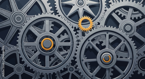 Intricate Interlocking Gears Mechanism with a Single Golden Gear.