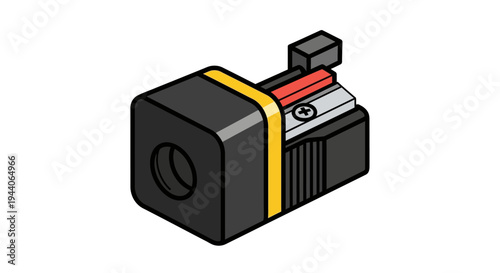 Isometric illustration of a black pencil sharpener with yellow band.