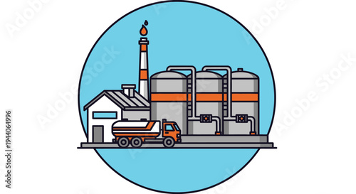 Industrial Factory with Storage Tanks and Truck Illustration.