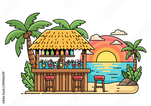 Tropical beach bar with cocktails and sunset view, flat design illustration