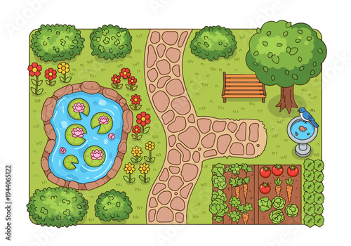 Charming cartoon top-down view of a vibrant garden with a pond, flowers, and vegetable patch
