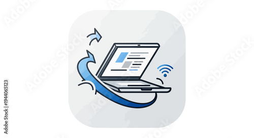 Laptop with arrows and wifi symbol representing connectivity and data transfer.