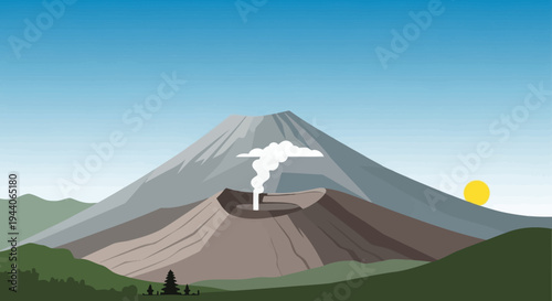 Majestic Volcano Erupting with Smoke and Steam.