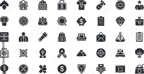 A collection of dollars and a bag with various icons