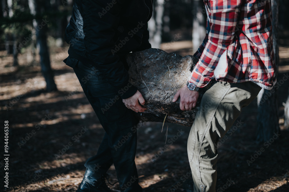 Fototapeta premium Two people lift a heavy log in a sunlit forest, highlighting teamwork and outdoor work.