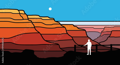 Lone Hiker Standing on Cliff Edge Overlooking Grand Canyon.