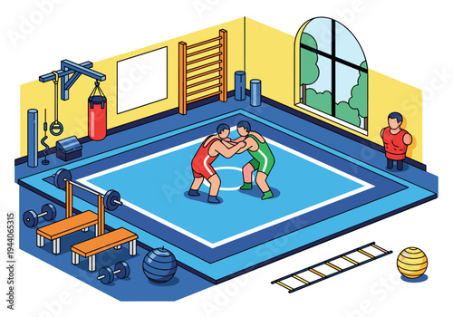 Isometric gym with wrestlers practicing on a mat and various fitness equipment