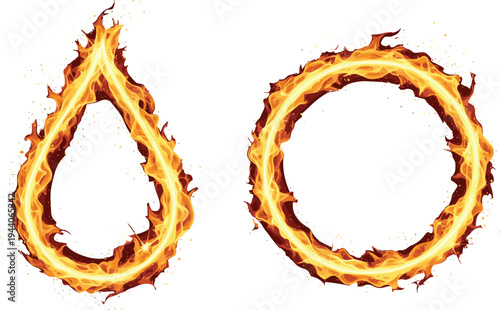Fire Flame Frame Set with Burning Drop and Circle Borders Featuring Realistic Spark Elements for Action Posters, Sports Branding, and Digital Special Effects