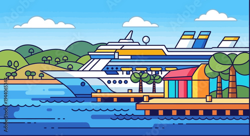 Luxury Cruise Ship Docked at Tropical Island Pier.