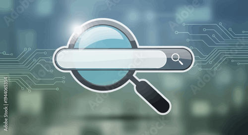 Magnifying glass over a search bar symbolizing online search and discovery.