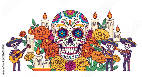 Colorful Sugar Skull Vector Illustration Abstract Modern Digital Art with Marigolds and Candles for Dia de Muertos Background