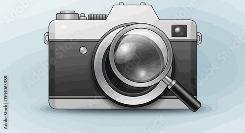 Magnifying Glass Over Vintage Camera Lens Exploring Photography Details.