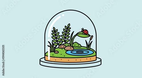 Miniature Ecosystem Inside A Glass Dome With Ladybug.