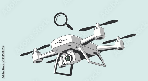 Modern Drone with Camera and Magnifying Glass Icon.