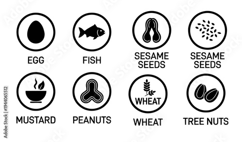 Food Allergen Icons Set – Egg, Fish, Sesame, Mustard, Peanuts, Wheat, Tree Nuts Line Vector Symbols