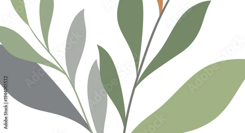 Minimalist Botanical Illustration of Green Leaves and Orange Bud.