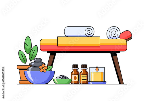 Relaxing spa massage table setup with essential oils, stones, and candle