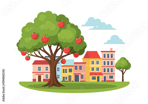 Cartoon apple tree laden with ripe fruit stands in front of colorful buildings