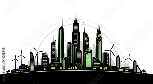 Modern Eco-Friendly Cityscape with Wind Turbines and Green Architecture.