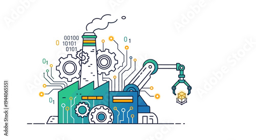 Modern Factory with Robotic Arm and Digital Integration.