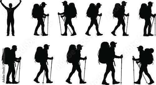 Hiking Silhouette Set, Backpacker Adventure Vector Collection, Mountain Trekking Poses, Outdoor Walking Graphics, Hiker With Backpack Illustration, Nature Expedition Elements Pack (20 words)