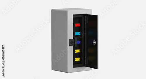 Modern gray safe with open door revealing colorful contents.