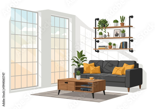 Cozy Living Room with Large Windows, Sofa, Coffee Table, and Shelves with Plants